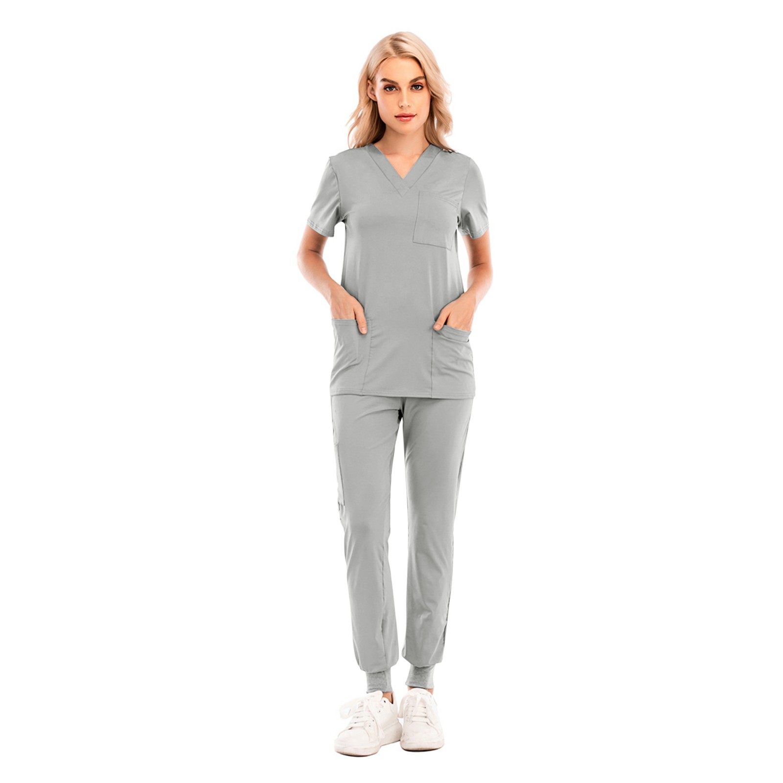 thumbnail image 4 of Conjunto de uniforme de enfermería de 2 piezas para mujer: top de manga corta con cuello en V + pantalones, poliéster, con bolsillo, verde/morado/blanco, tallas S-XXL, tallas asiáticas, 4 of 8